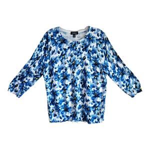 LANDS END Women Petite 14 16 Sweater Floral Blue White Yellow Supima Cotton 40"